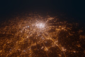 Aerial view on Milan (Italy) from west. Top view on modern city at night from satellite