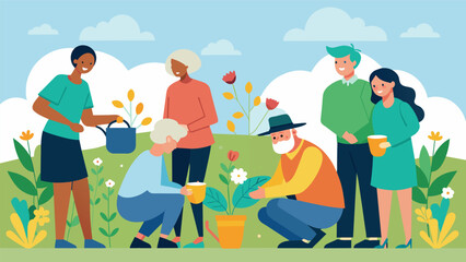 Wall Mural - Seniors and young adults work side by side in the garden bridging the generation gap and creating an intergenerational space for learning and