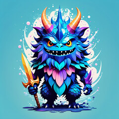 Wall Mural - Funny monster with horns and a sword on a blue background.