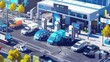 A bustling hydrogen fueling station, where vehicles of all shapes and sizes are being refueled with clean, renewable energy.