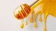 Golden honey drizzling from dipper on white background, sticky and sweet substance. Natural product for healthy eating. Close-up, high-quality image. AI
