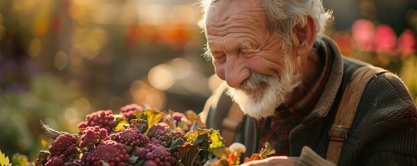 Wall Mural - An old man is smelling some flowers in a garden.