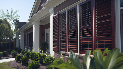 the facade of a suburban home exudes elegance with its classic wooden shutters, complementing the ma