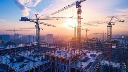 A construction site bustling with activity, cranes towering overhead, symbolizing progress and development