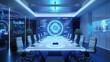 A futuristic meeting room with holographic projections and virtual reality headsets, showcasing the future of engineering collaboration