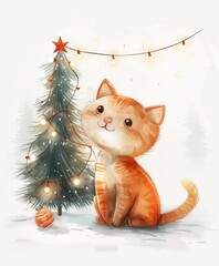 Wall Mural - christmas cute cat the background of a decorated new year tree. art illustration