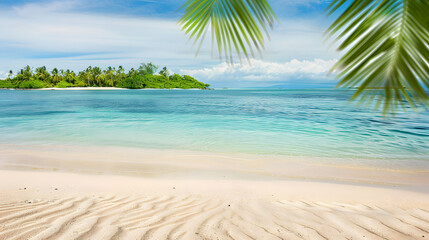 Wall Mural - Sandy tropical beach with island on background