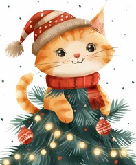 Wall Mural - christmas cute cat the background of a decorated new year tree. art illustration