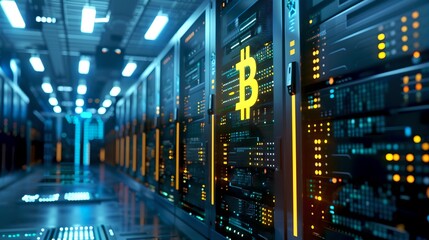 Aufkleber - Futuristic Bitcoin Data Center with Illuminated Racks. The concept of cryptocurrency mining. Networking technology in financial services. Digital Economy and Blockchain. AI