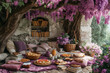 A table filled with an abundance of food set under a tree with blooming lilac flowers