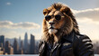 A Lion wearing aviator-style sunglasses and a leather jacket as manhood symbolism, all set against a backdrop of a big cityscape