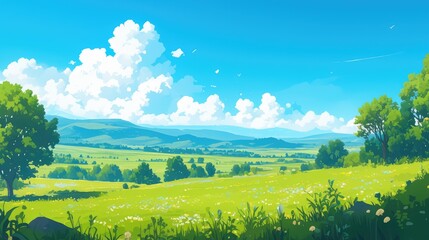 Wall Mural - Experience the tranquil beauty of Serene Fields a vivid 2d illustration depicting a lush cartoon meadow under clear blue skies with rolling hills