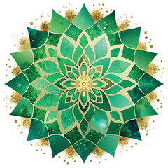 Sticker - A green mandala with gold accents. The flower is surrounded by a white background. The flower is a symbol of peace and harmony