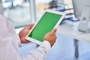 Poster - Green screen, tablet and hands of businessman in office with mockup for planning, research or b2b networking. Contact us, space and digital agency app for online, consulting or sign up information