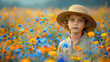 a young boy standing in a field surrounded by wildflowers