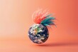 Earth globe with colorful mohawk hairstyle. AI generative art