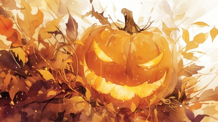 Sticker - Decorate your Halloween festival with a whimsical watercolor illustration of a Jack O lantern surrounded by mystical leaves