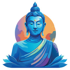 Sticker - A blue and white Buddha statue with a blue robe and a blue flower on its head