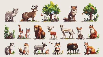 Animals pixel art set. Amazon wildlife collection. Tropical fauna, exotic species, 8 bit. Game development, mobile app. Isolated vector illustration.