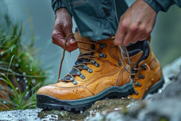 tying electric blue hiking shoes on a rock amidst natural landscape