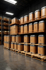 Wall Mural - Storage warehouse of chemical liquids. Smooth rows of liquid containers in wooden boxes. Background of bottles stored in warehouses. Concept of warehousing and storage of goods. Copy space