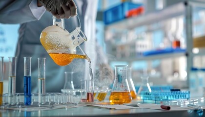 Wall Mural - A scientist is pouring fluid into a glass beaker in a science lab