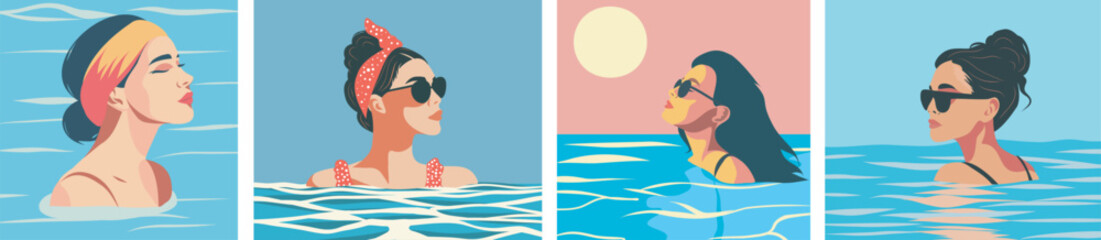 Wall Mural -  Vector set of banners posters on the theme of vacation, tourism, different tanned beautiful girls in the water in a bikini on the beach sunbathe and swim in the ocean sea.