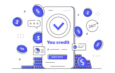 Poster - mobile phone with credit approval on screen, surrounded by coins, on a white background, conveying o