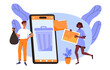 People managing digital files near a large smartphone with a trash icon, abstract concept of digital file management. Flat vector illustration