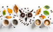 Flat lay of coffee with leaves, on a panoramic white background.