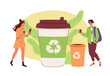 Two people walking with coffee cups near a large recyclable coffee cup illustration, flat style, on a light abstract background, concept of recycling and eco-friendly habits. Vector illustration