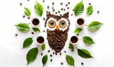 Coffee beans in shape of owl with green leaves, flat lie, top view, on white background.