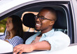 © peopleimages.com - Couple, car and road trip with window for travel together, holiday journey and happiness. Black man, woman and driving in transport for romantic vacation, relaxing weekend and fun adventure with love