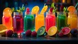 A collection of colorful summer beverages in mason jars, garnished with fruits, symbolizing fun summer vibes