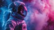 Medium shot of a girl in an astronaut suit, her head turned away, peering out through the helmet at the cosmic expanse, Fashion photography style, realistic photos