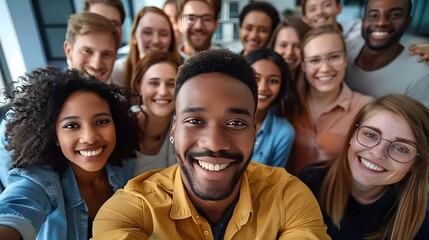 Happy diverse people celebrating teamwork together in the office, taking a group selfie portrait, embodying a joyful multicultural lifestyle concept.