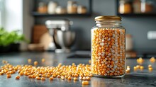 Corn Seed In The Transparant Bottle Package, Kitchen Background Setting