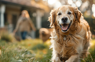 Wall Mural - Happy golden retriever runs towards the camera with its tongue out. woman is blurred in the background.