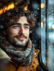 Wall Mural - Young man looking out of the window while traveling by bus