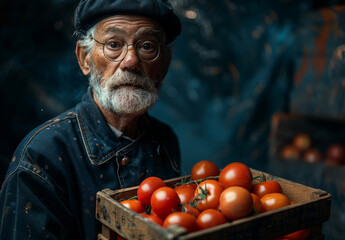 Wall Mural - Old man with white beard and glasses holds box of tomatoes in his hands