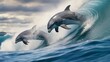 Dolphins, embodying marine joy, playfully surf ocean waves, showcasing their innate grace and creating a delightful spectacle in the sea.
