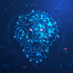 Wall Mural - concept of advance technology or cyber security, graphic of lion face combine with electronic pattern and futuristic element