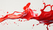 A vibrant red paint splash frozen in motion, mid-air, the dynamic movement and fluidity of the liquid as it splatters against a transparent background.
