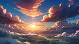 Fototapeta Na sufit - Anime fantasy wallpaper background concept : Mountain Sky: Sunset and Sunrise Colors in Nature's Evening Light, generative ai