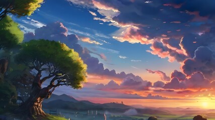 Wall Mural - Anime fantasy wallpaper background concept : Beautiful sunset over mountains and river, painting the sky with orange, red, and blue hues, creating a stunning evening landscape, generative ai