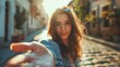 © antkevyv - Girl reaching toward camera, beautiful young woman holding her hand out in front of her in street, portrait summer young woman casual clothing fun
