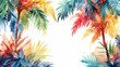 Lush palm trees and foliage in a vibrant watercolor tropical scene