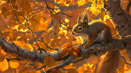 Wall Mural - A squirrel with autumnal colors nestled on the limb of a fantastical. gleaming gold and bronze oak tree. 