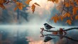 Bird resting by a misty pond during fall