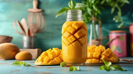 ripe mango chunks in a clear glass bottle, enhancing a vibrant kitchen backdrop